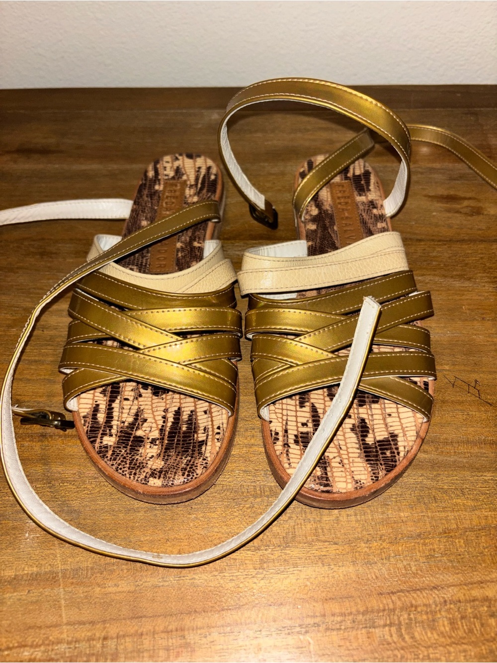 Freda Salvador Gold and Cream Strappy Wrap Sandals